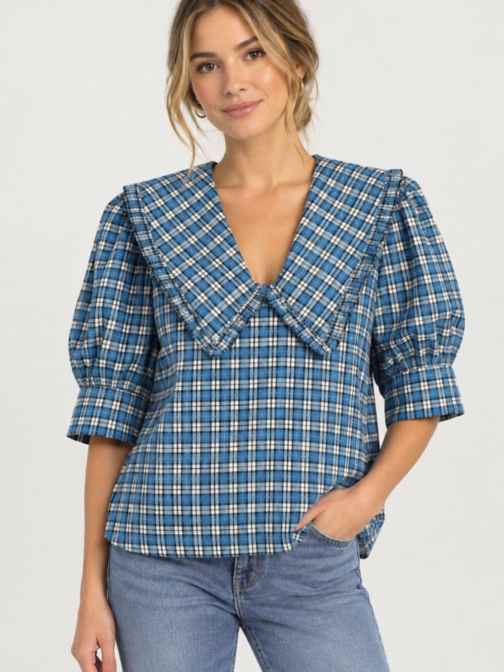 GANNI Blue Plaid Statement Collar Puff Sleeve Top Size 36